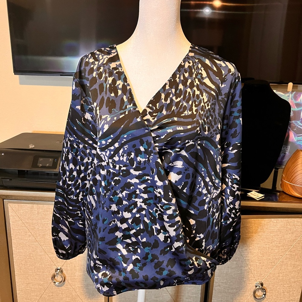 Multi colored blue black faux wrap blouse